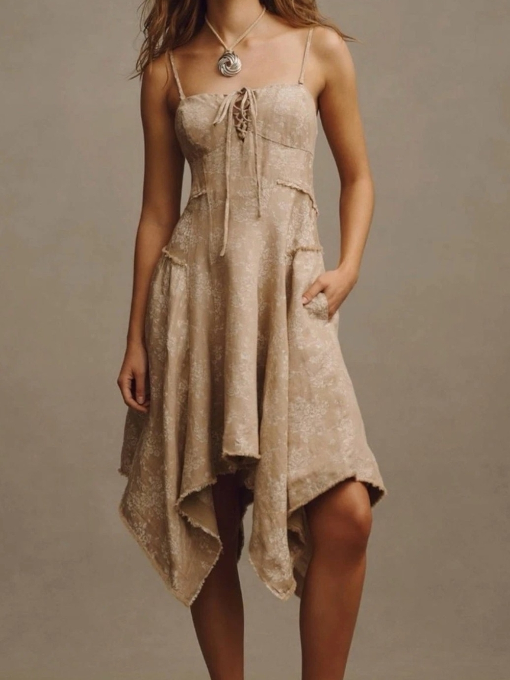Anthropologie Corset Seamed Mini Dress Linen Lace Up Asymmetric Neutral